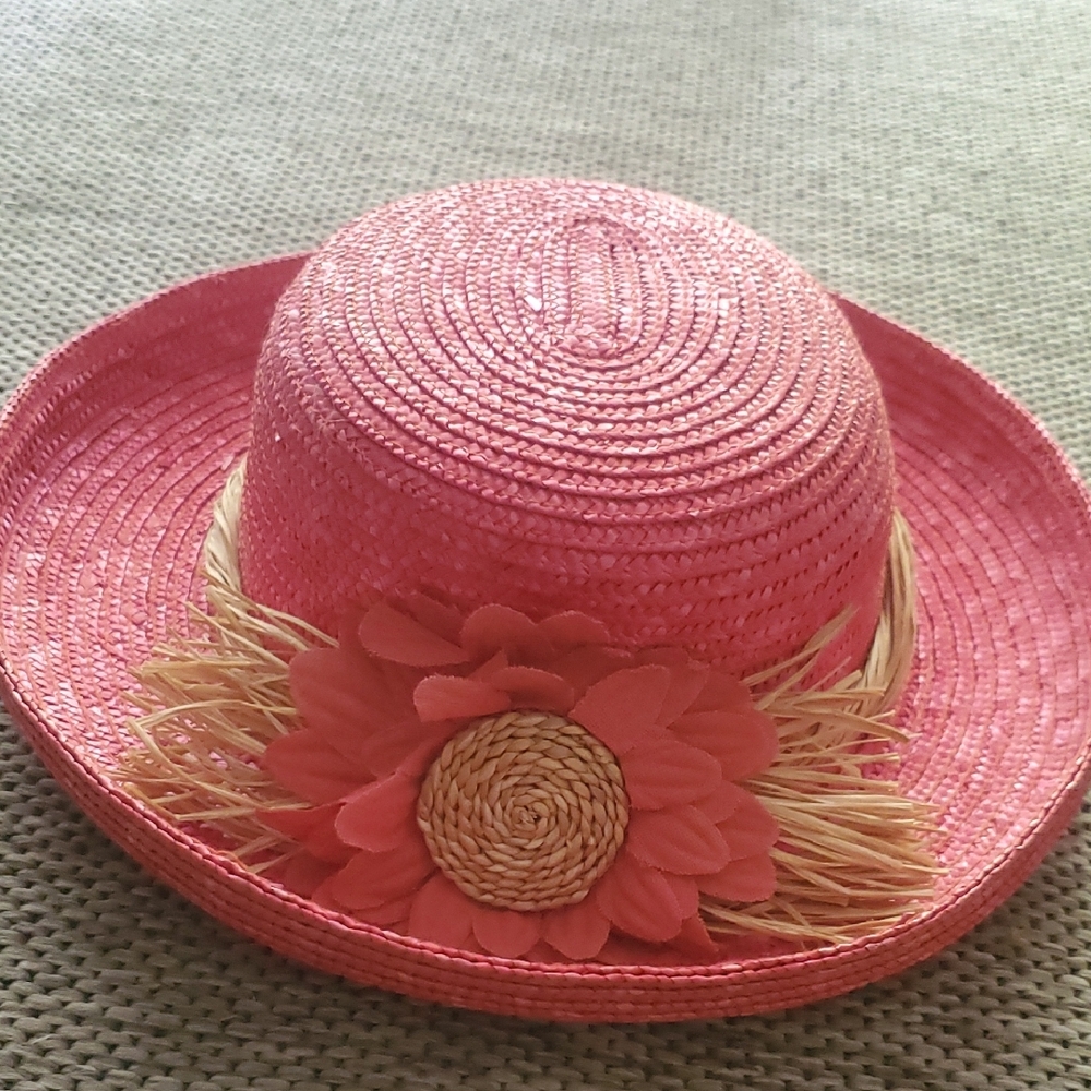 Pink Straw Sun Hat with Flower Accent